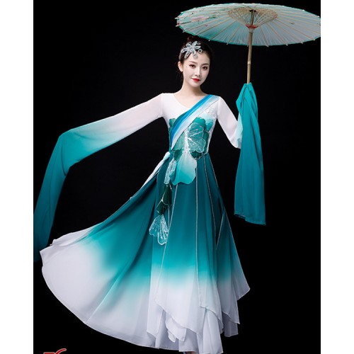 Women's chinese folk dance costumes water sleeves fairy hanfu dresses traditional classical ancient traditional yangko umbrella dance dress